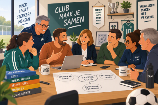Zes clubleden bespreken samen plannen voor een sterke, duurzame sportclub. (vergroot foto)