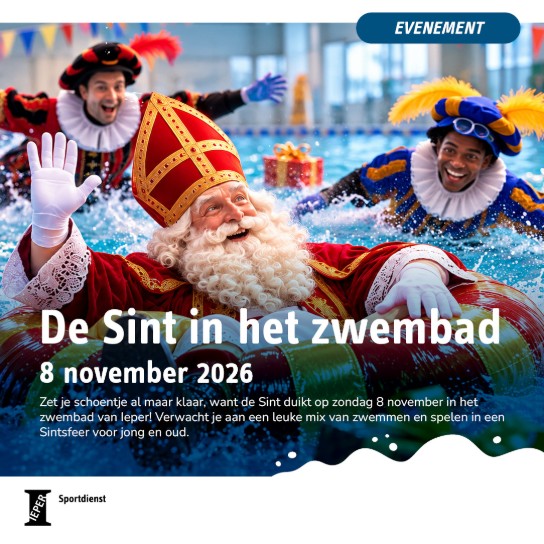 Sinterklaas en twee Pieten zwemmen vrolijk in een zwembad tijdens een evenement in Ieper. (vergroot foto)