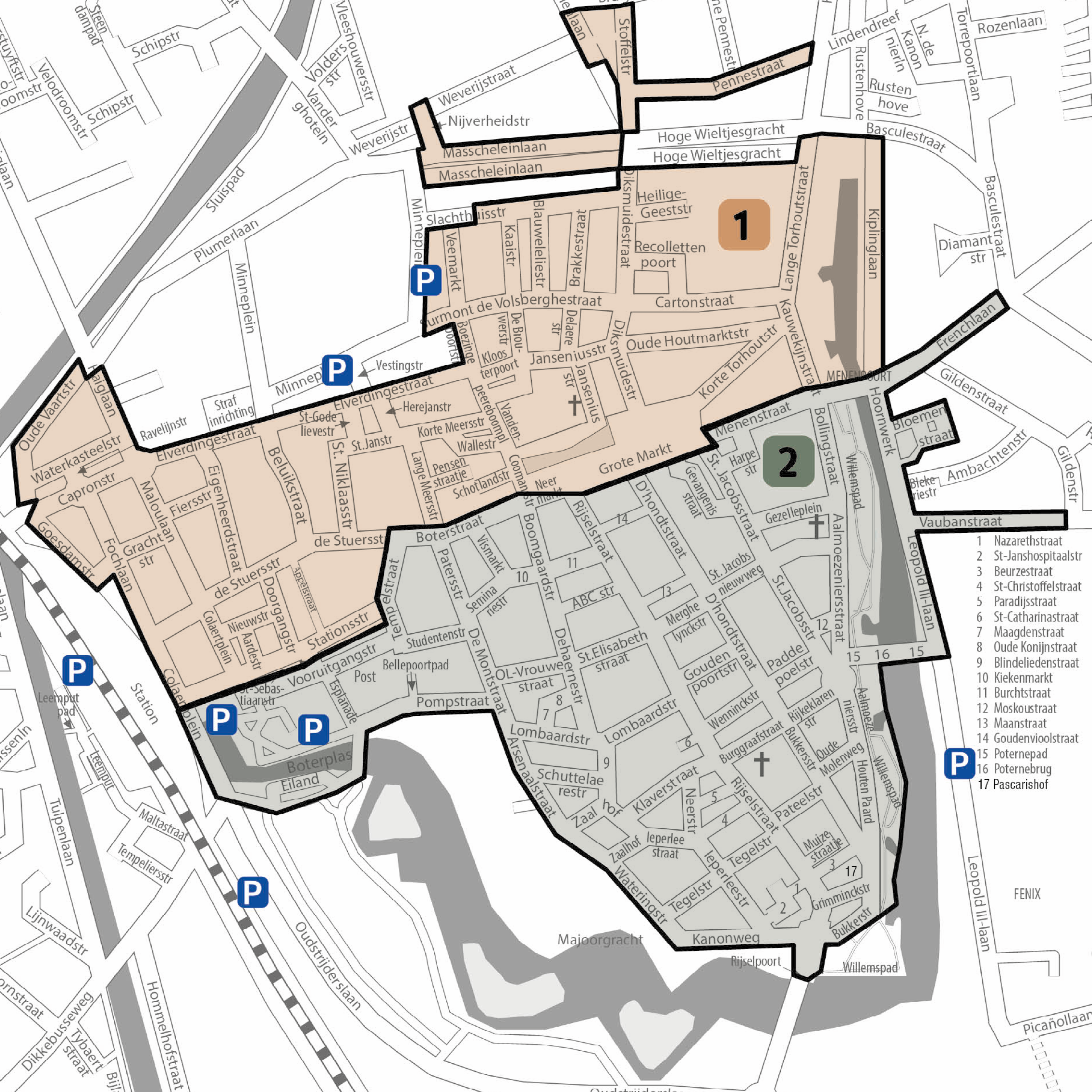 Plan met 2 bewonerszones parkeerplan Ieper