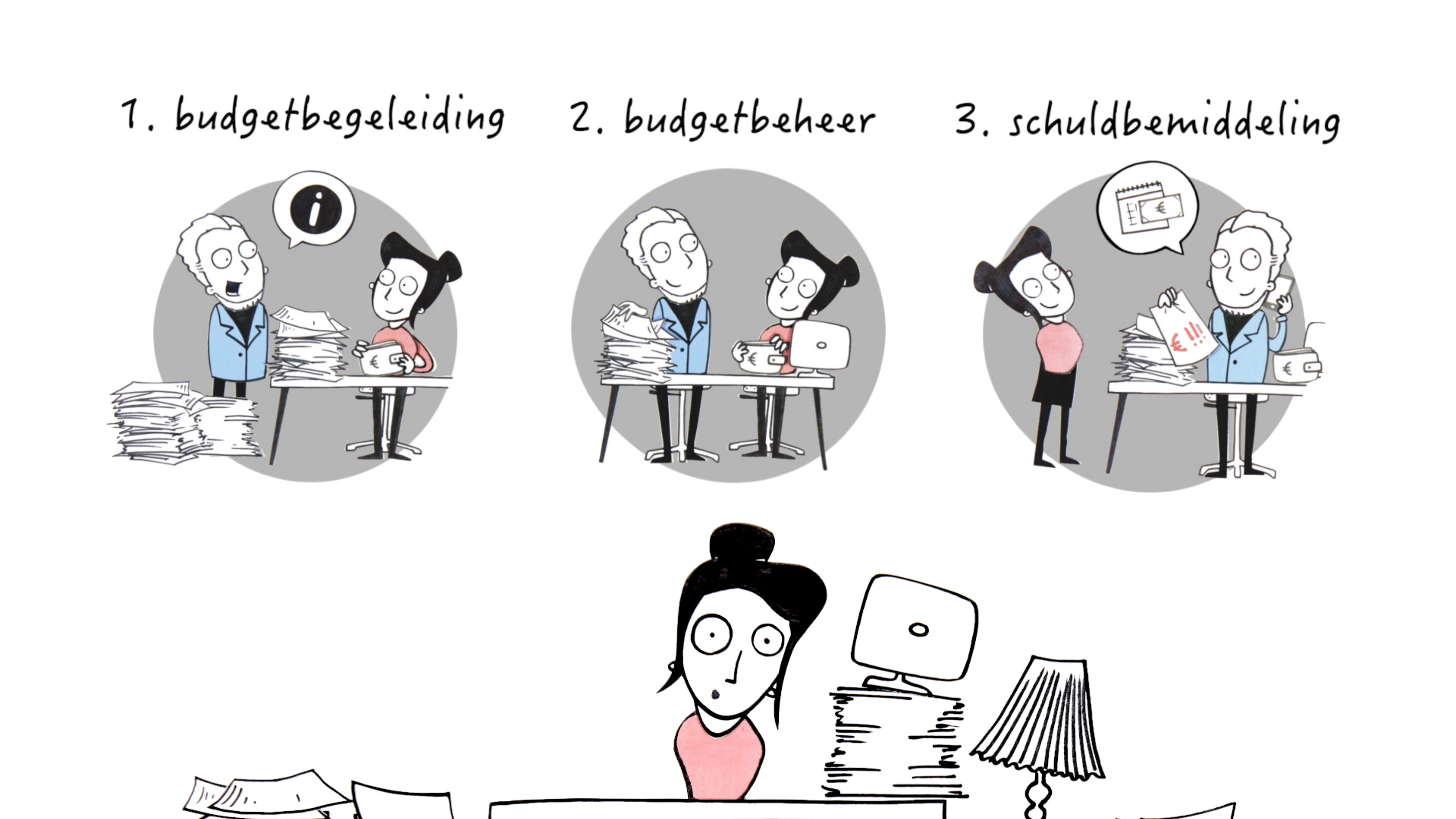 illustratie mevrouw krijgt hulp met papieren en facturen.